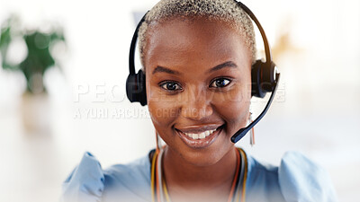 Buy stock photo Black woman, smile and headset with contact at office for customer support at insurance company. African person, broker and advisor with voip, mic and happy with help desk at risk management agency