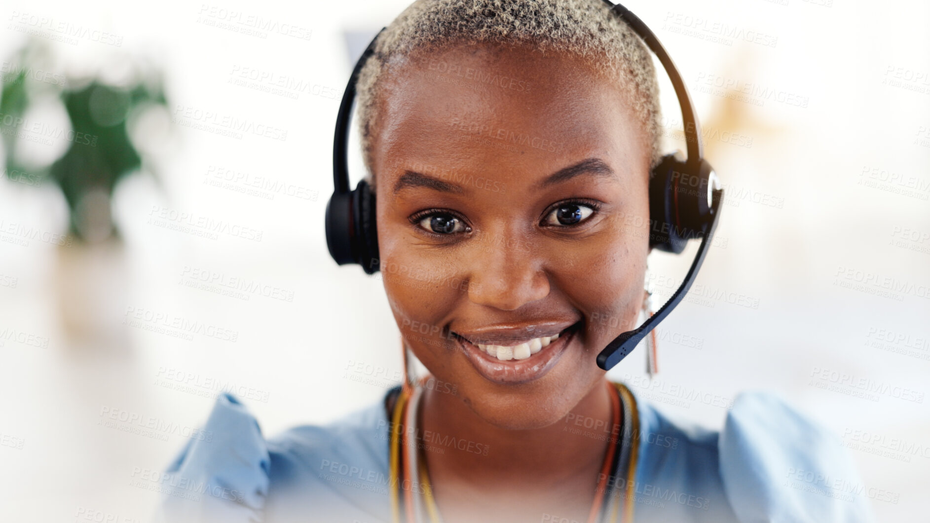 Buy stock photo Black woman, smile and headset with contact at office for customer support at insurance company. African person, broker and advisor with voip, mic and happy with help desk at risk management agency