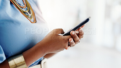 Buy stock photo Hands, phone and texting with contact at office with space, typing and notification at real estate agency. Person, realtor or property developer with smartphone, mobile app and web chat at workplace