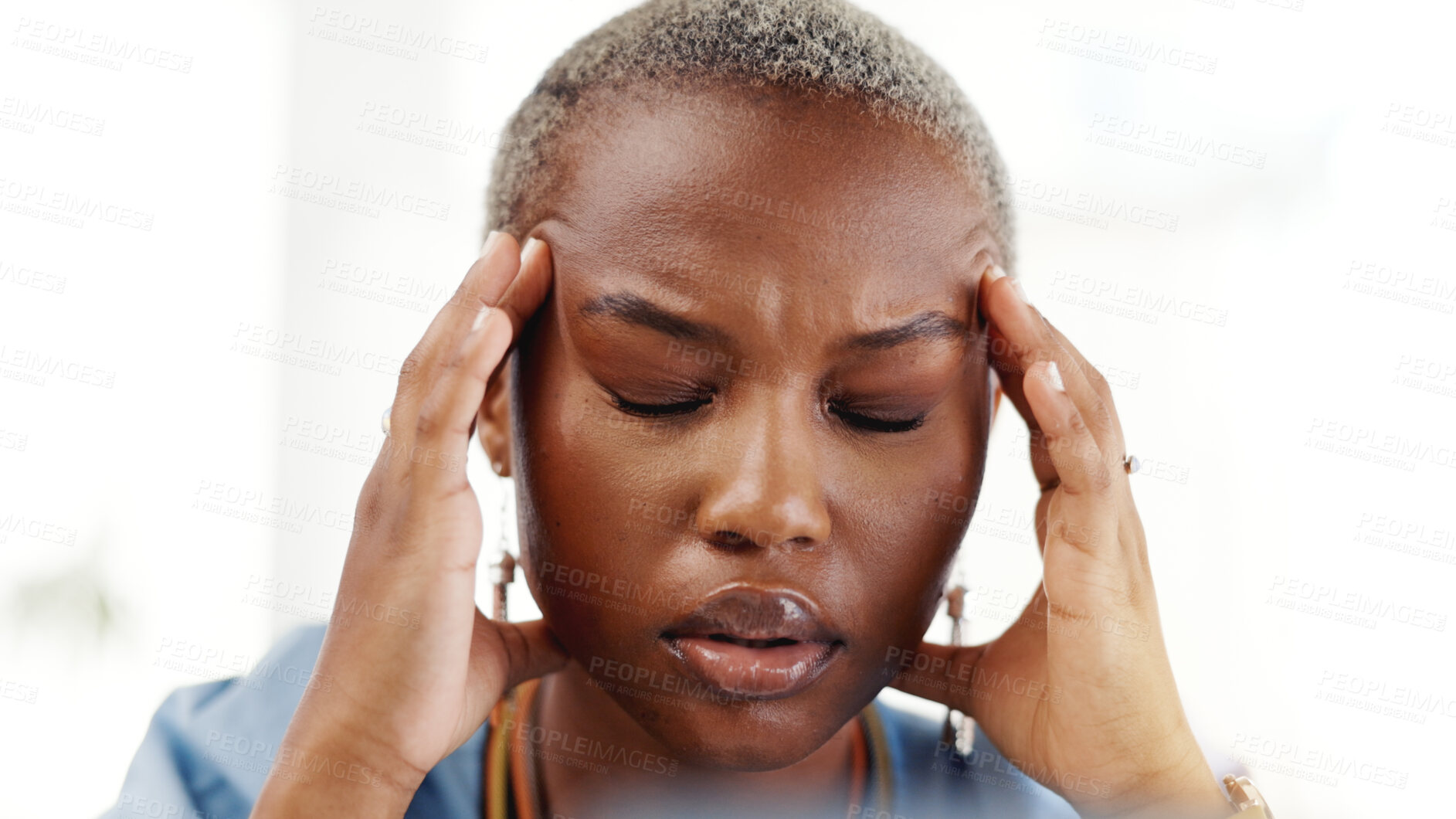 Buy stock photo Headache, stress and business woman in office with mental burnout, bankruptcy or financial crisis. Migraine, pain and black person in workplace with fatigue, debt or brain fog from work pressure