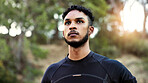 Fitness, sports and thinking with man outdoor for start of cardio training or workout routine. Exercise, planning and vision with runner in nature for challenge, physical improvement or wellness