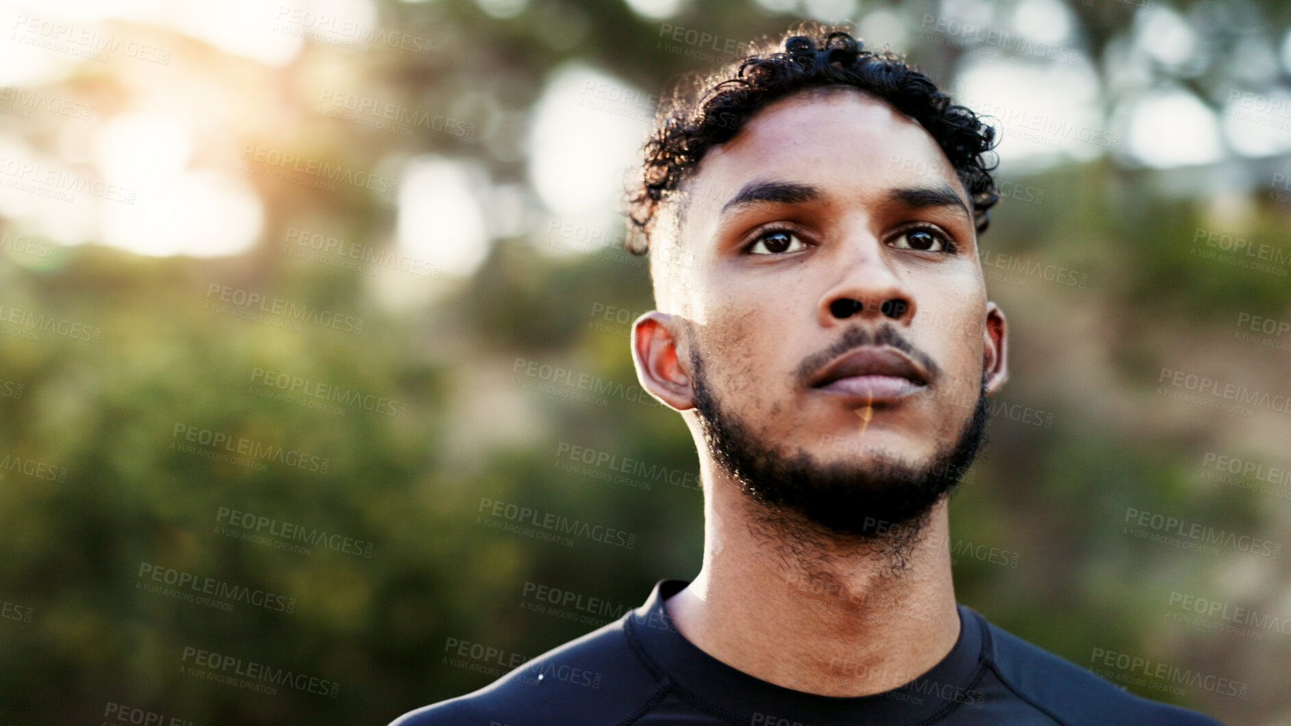 Buy stock photo Exercise, sports and thinking with man outdoor for start of cardio training or workout routine. Fitness, planning and vision with runner in nature for challenge, physical improvement or wellness