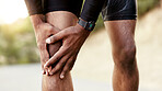 Hands, fitness and man in nature with knee pain, injury or muscle sprain on break at workout. Sports, athlete and male person outdoor with leg fibromyalgia for running, exercise or training accident.