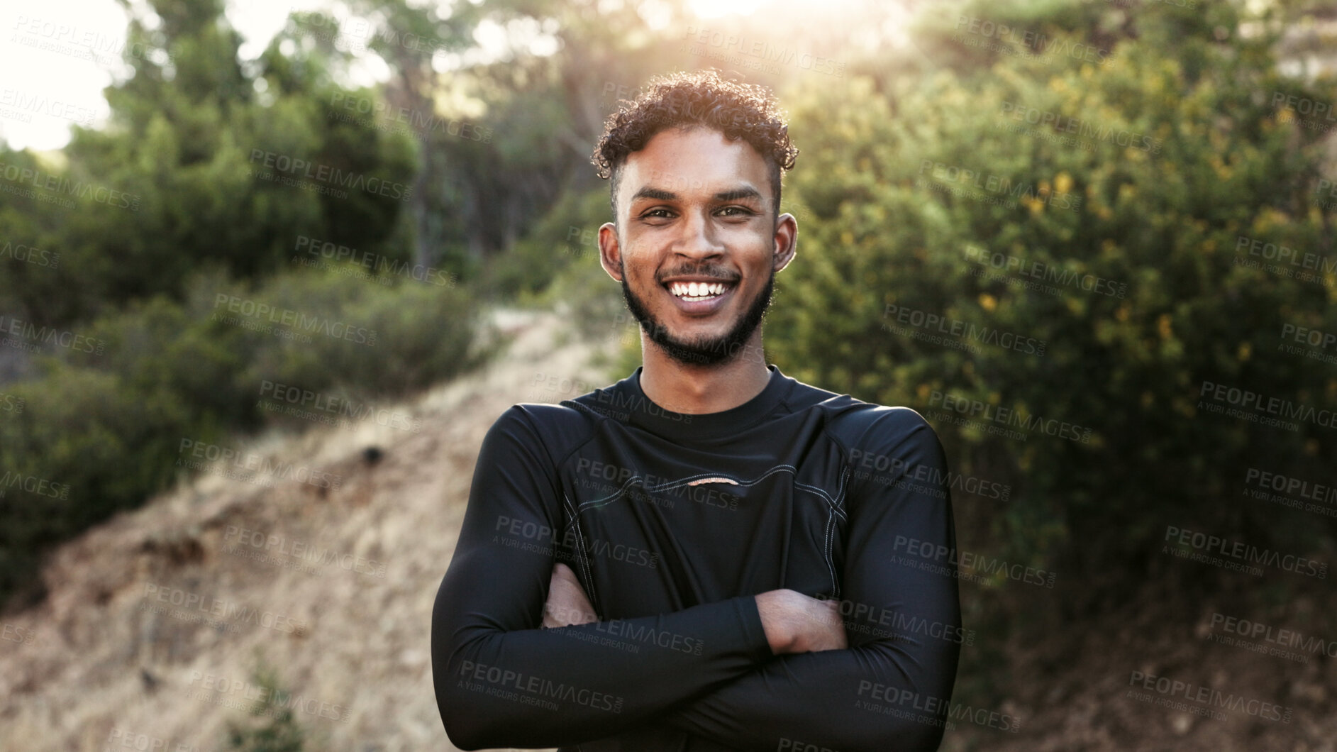 Buy stock photo Happy man, portrait and fitness with confidence in nature for outdoor exercise or workout. Active, male person or runner with smile or arms crossed for physical activity, health or wellness in forest
