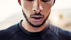 Breathe, mouth and man in nature for fitness, workout or wellness training in morning. Sports, fatigue and exhausted male athlete with break for cardio, exercise and outdoor in woods for runner