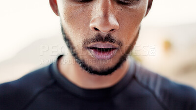 Buy stock photo Tired, mouth and man outdoor for fitness, workout or wellness training in morning. Breathe, fatigue and exhausted male athlete with break for cardio, exercise and challenge activity for runner