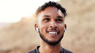 Buy stock photo Fitness, music and thinking with happy man outdoor for start of cardio training or workout routine. Earphones, planning and smile with runner in nature for challenge, physical exercise or wellness