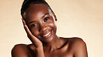 Portrait, beauty and black woman in studio with aesthetic, dermatology and cosmetics for glow. Space, confidence and happy African person with wellness, shine or smile with skincare on background
