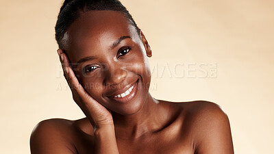 Buy stock photo Portrait, beauty and black woman in studio with aesthetic, dermatology and cosmetics for glow. Space, confidence and happy African person with wellness, shine or smile with skincare on background