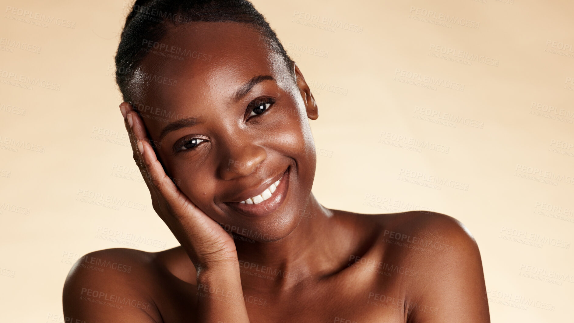 Buy stock photo Portrait, beauty and black woman in studio with aesthetic, dermatology and cosmetics for glow. Space, confidence and happy African person with wellness, shine or smile with skincare on background
