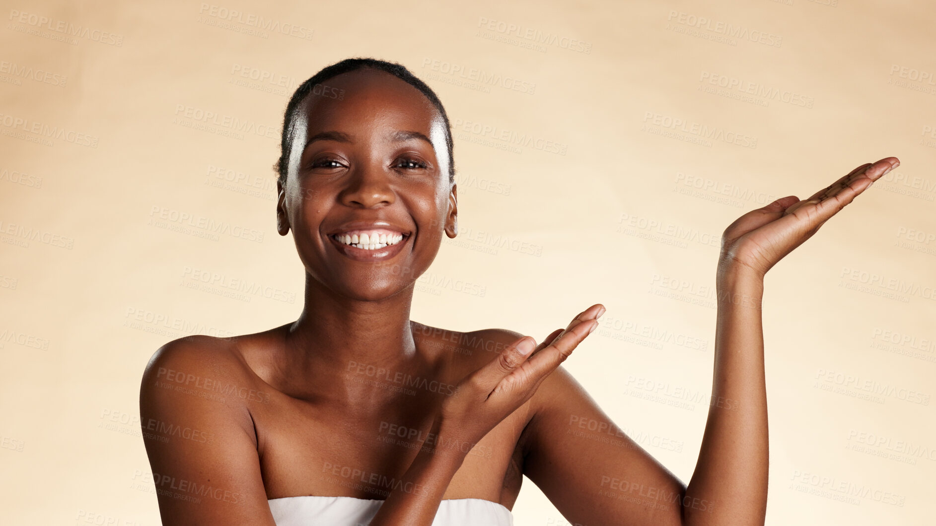 Buy stock photo Portrait, black woman and pointing with skincare in studio background for beauty, promo and results. Smile, person and hand gesture for advertising, facial cosmetics and information for healthy skin