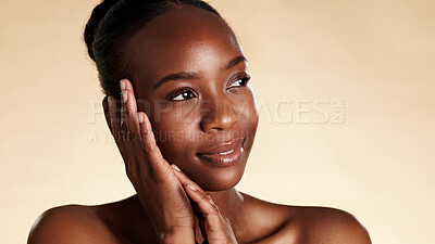 Buy stock photo Thinking, black woman and ideas for skincare on studio background with vision, beauty and shine. Space, female person or reflection with facial cosmetics, natural glow and daydreaming for dermatology