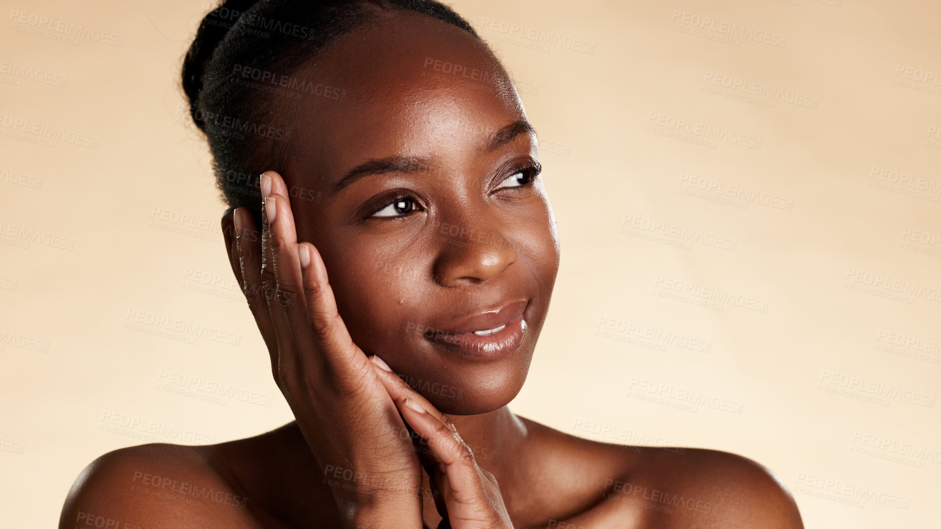 Buy stock photo Thinking, black woman and ideas for skincare on studio background with vision, beauty and shine. Space, female person or reflection with facial cosmetics, natural glow and daydreaming for dermatology