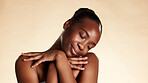 Black woman, relax and skincare for beauty in studio background with cosmetics, aesthetic and glow. Space, person and eyes closed with facial shine, natural results and smile for dermatology wellness