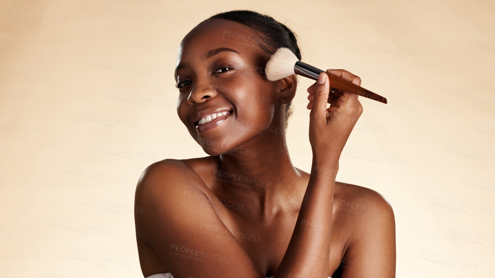 Buy stock photo Brush, makeup and portrait of black woman with beauty, blush or foundation with facial glow. Happy, self care and African female person with cosmetic tool for face cosmetology by studio background.