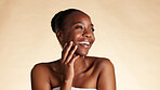 Thinking, beauty and black woman in studio, skincare and dermatology on white background. Space, reflection and African person with wellness, cosmetics for healthy skin or contemplation for treatment