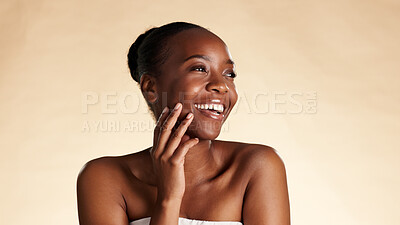 Buy stock photo Thinking, beauty and black woman in studio, skincare and dermatology on background. Space, reflection and African person with wellness, cosmetics for healthy skin or contemplation for treatment