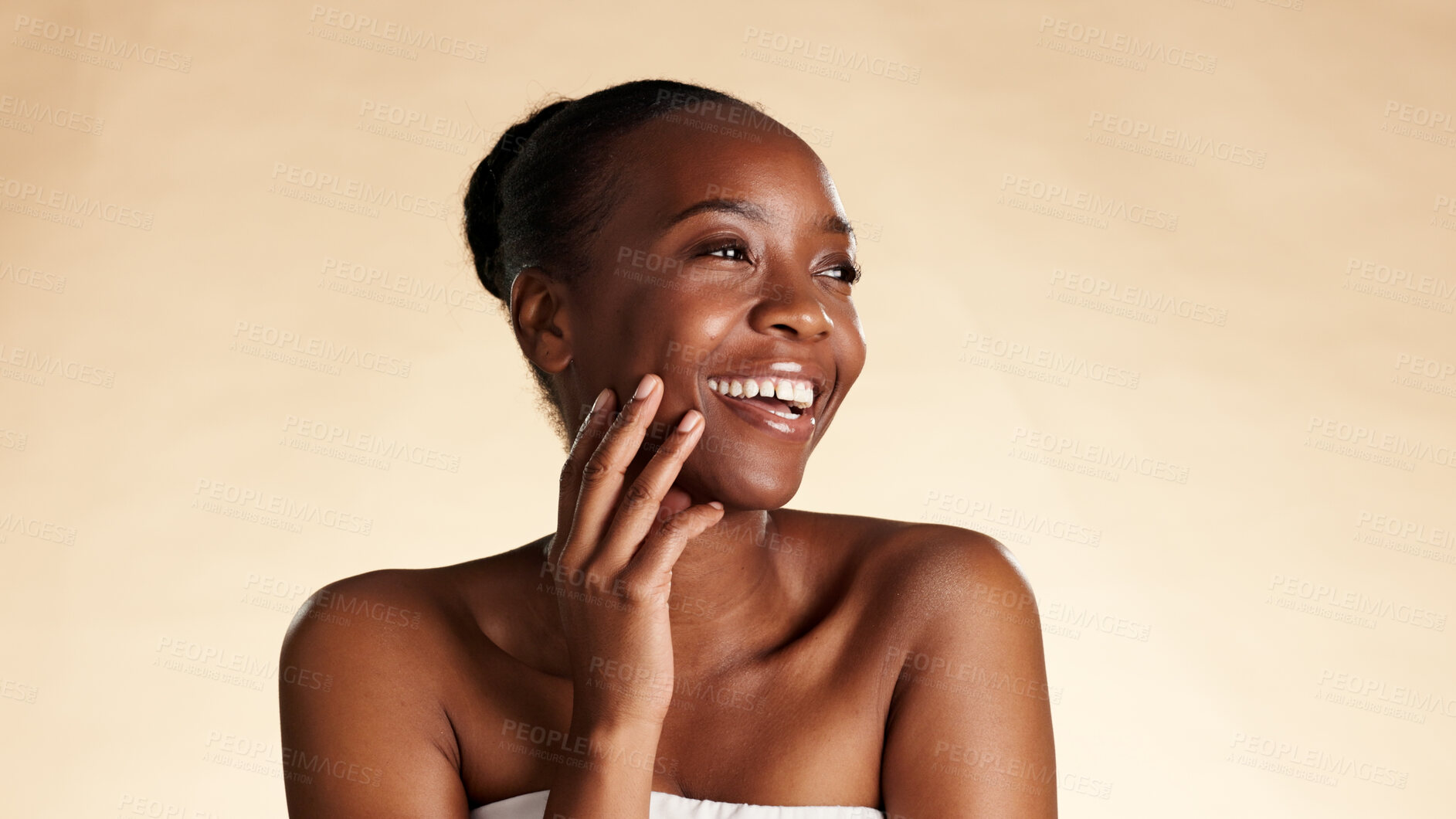 Buy stock photo Thinking, beauty and black woman in studio, skincare and dermatology on background. Space, reflection and African person with wellness, cosmetics for healthy skin or contemplation for treatment