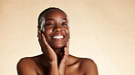Closed eyes, beauty and black woman in studio, skincare and dermatology on white background. Space, aesthetic and African person with wellness, cosmetics for healthy skin or treatment with smile