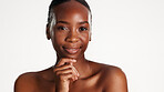 Happy woman, portrait and skincare for healthy skin in studio, mockup space and confident with glow. White background, black person and dermatology for beauty benefits, smile and wellness in Nigeria