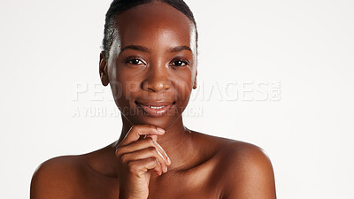 Buy stock photo Happy woman, portrait and skincare for healthy skin in studio, mockup space and confident with glow. White background, black person and dermatology for beauty benefits, smile and wellness in Nigeria