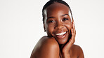 Happy, skincare and portrait of black woman in studio with soft, cosmetic and beauty for wellness. Smile, health and African female person with natural dermatology for facial glow by white background