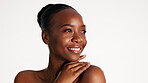 Thinking, smile and black woman in studio, skincare and dermatology on white background. Space, reflection and African person with aesthetic, cosmetics for healthy skin or contemplation for beauty