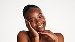 Happy, skincare and black woman in studio with soft, cosmetic and beauty for wellness. Smile, health and African female person with natural dermatology for facial texture by white background.