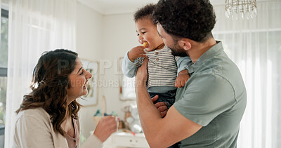 Buy stock photo Love, parents or baby in home with happiness, childcare or healthy relationship on weekend break. Care, people or child in house with bonding, parenthood or family connection in childhood development