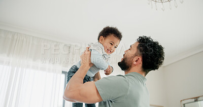 Buy stock photo Family, lift and father in home, baby and bonding together for comfort, support and happiness. Adoption, dad and kid in living room, game and low angle with smile, love and care for child development