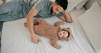 Sleeping, father and baby in home, above and infant care with cuddle, comfort and bonding together. Child development, happy family and parent in bedroom, growth and fatigue with love, tired and rest