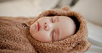 Newborn, sleeping and baby in home with dream, morning routine or comfort for infant growth. Relax, cozy and child in bedroom with nap, early childhood or health development at start of day.