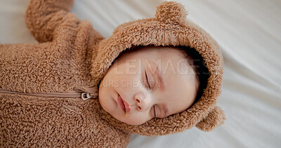 Buy stock photo Newborn, sleeping and baby in home with dream, morning routine or comfort for infant growth. Relax, above and child in bedroom with nap, early childhood or health development at start of day.