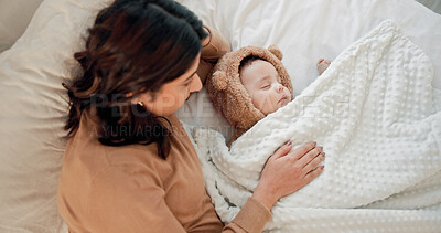 Buy stock photo Sleeping, mother and baby in home, above and tired with cuddle, comfort and bonding together. Child development, happy family and mama in bedroom, rest and fatigue with love, relax and infant care