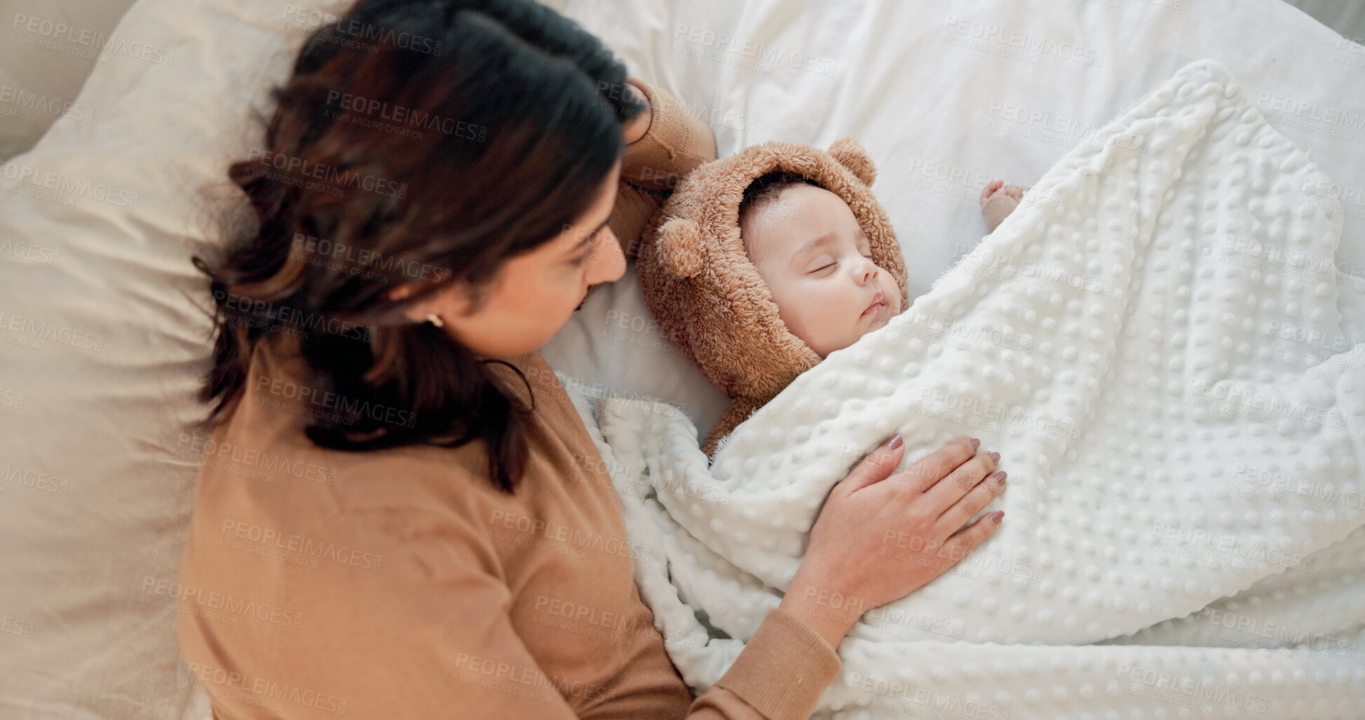 Buy stock photo Sleeping, mother and baby in home, above and tired with cuddle, comfort and bonding together. Child development, happy family and mama in bedroom, rest and fatigue with love, relax and infant care