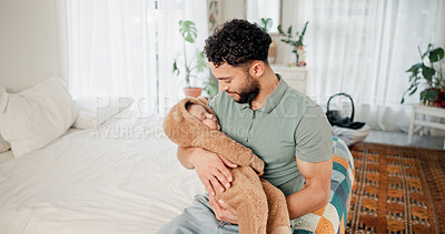 Buy stock photo Sleeping, father and baby in home, rest and tired with cuddle, comfort and bonding together. Child development, happy family and parent in bedroom, growth and fatigue with love, relax and infant care