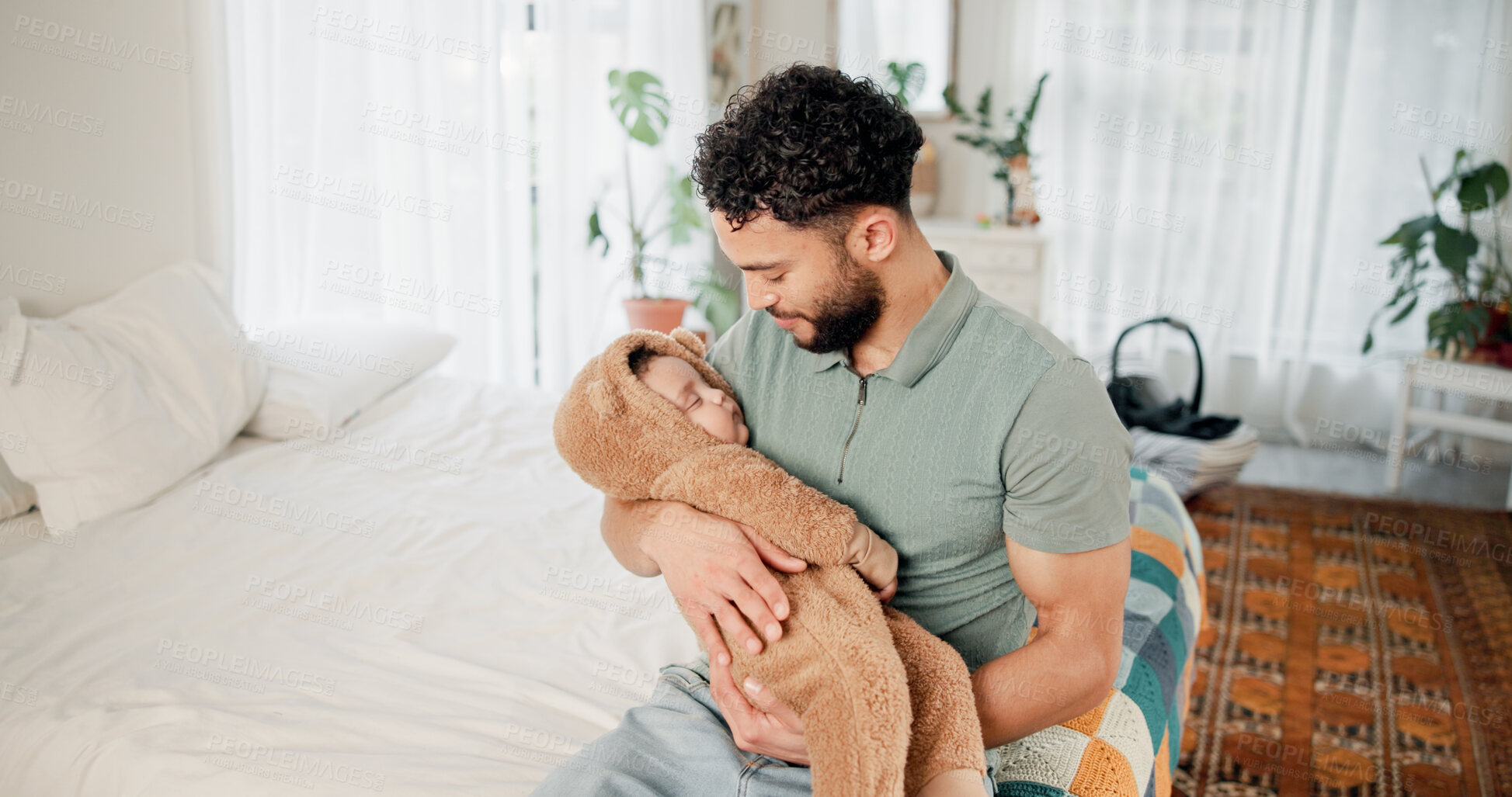 Buy stock photo Sleeping, father and baby in home, rest and tired with cuddle, comfort and bonding together. Child development, happy family and parent in bedroom, growth and fatigue with love, relax and infant care