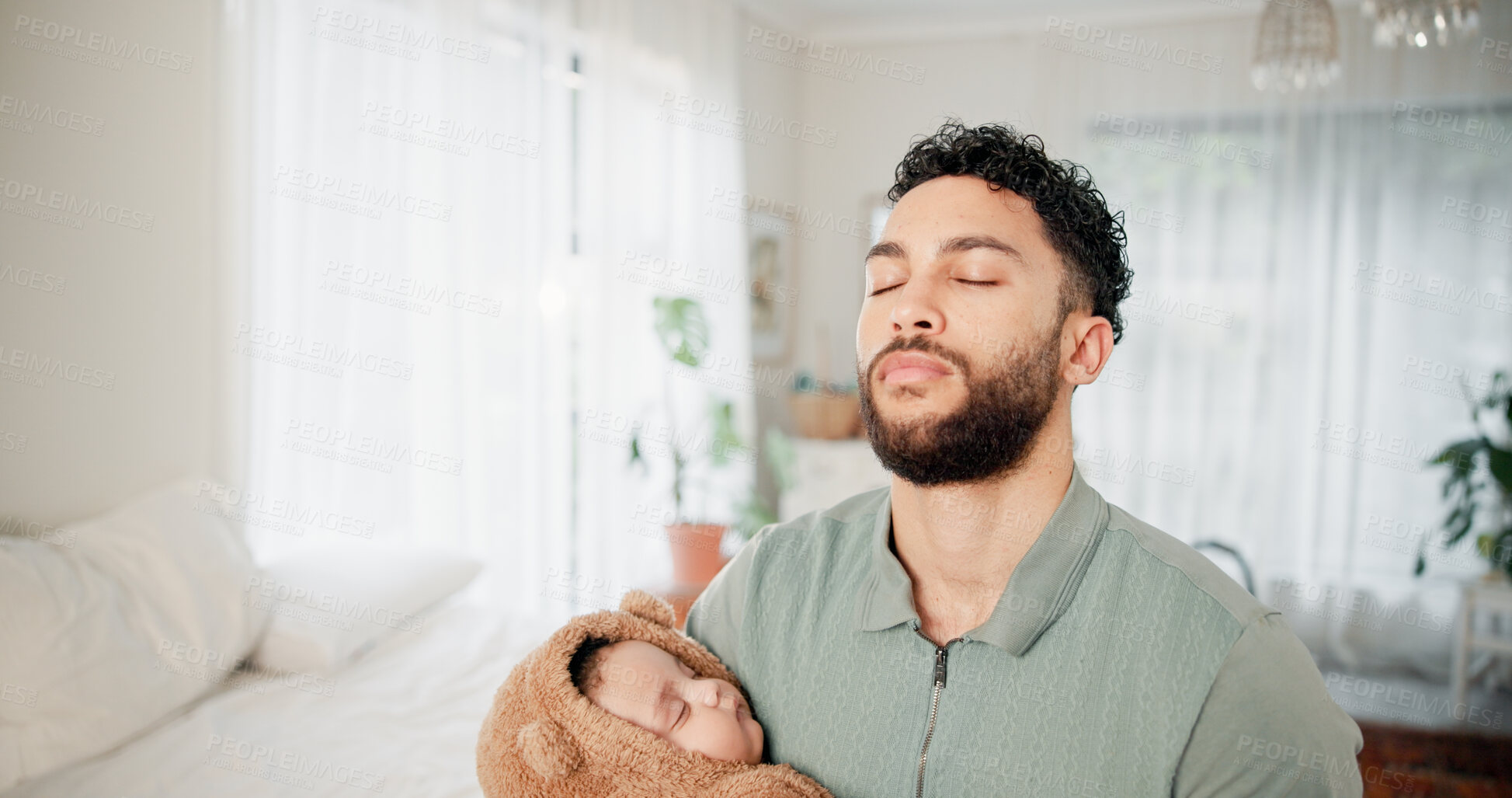 Buy stock photo Sleeping, father and baby in bedroom, tired and fatigue with cuddle, comfort and bonding together. Child development, happy family and parent in home, exhausted and relax with love and infant care
