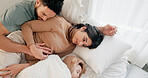 Sleeping, family and baby in bedroom, relax and tired with cuddle, comfort and bonding together. Child development, happy mother or father in home, rest or fatigue with love, exhausted or infant care