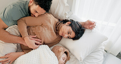 Buy stock photo Sleeping, family and baby in bedroom, relax and tired with cuddle, comfort and bonding together. Child development, happy mother or father in home, rest or fatigue with love, exhausted or infant care