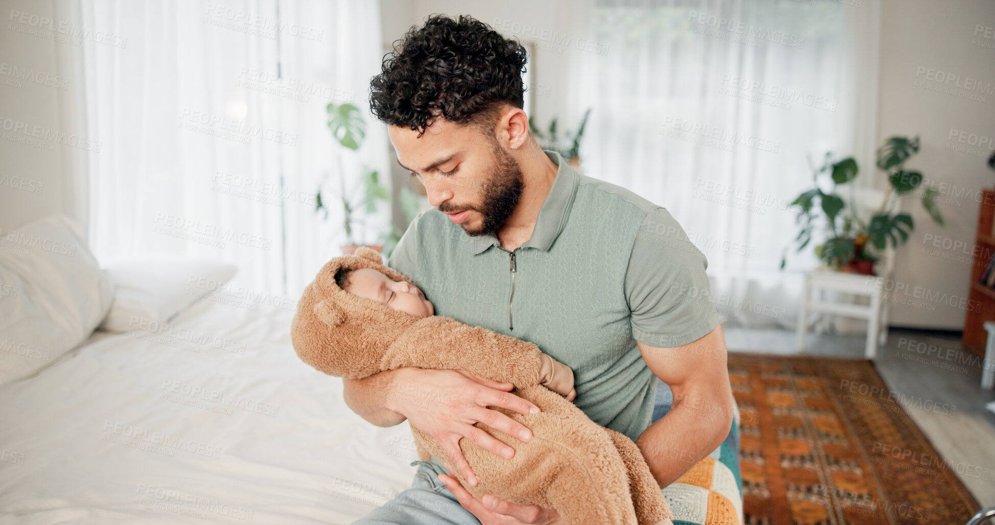 Buy stock photo Sleeping, father and baby in bedroom, comfort and tired with cuddle, relax and bonding together. Youth, happy family and parent in home, growth and fatigue with love, wellness and infant care