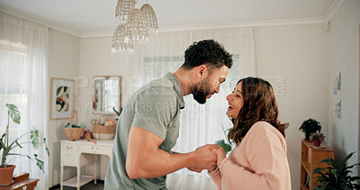 Buy stock photo Happy, dancing and couple in home for bonding, love or connection with music on weekend break. Smile, care and man with woman for groove to radio with rhythm together in marriage at apartment.