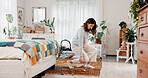 Pregnant, discomfort and woman bend for phone in home with struggle, belly obstruction or pressure. Pregnancy, person and reaching to pick up mobile in bedroom with back pain, uncomfortable or strain