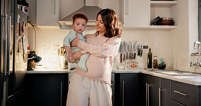 Buy stock photo Baby, family and pregnancy with mother in kitchen of home for development, love or security. Bonding, safety and pregnant woman in apartment with infant child for future, growth or relationship