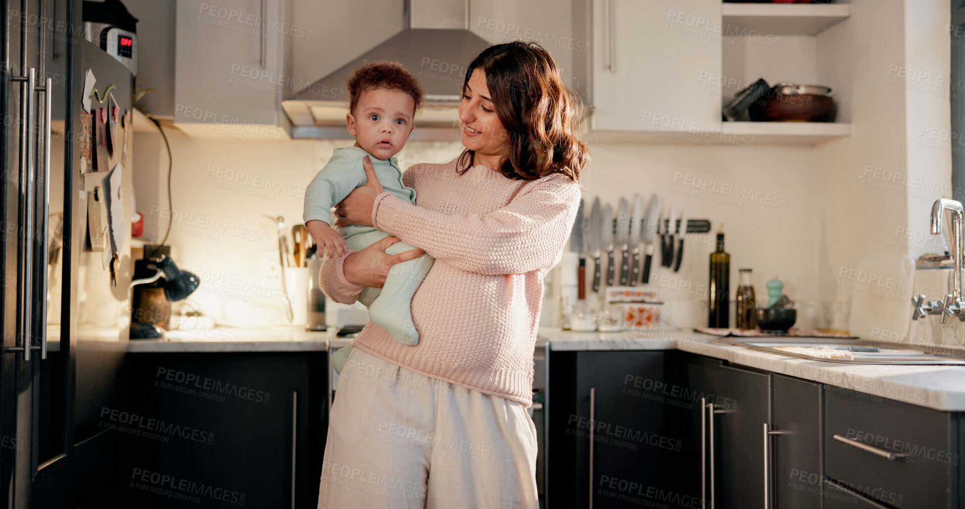 Buy stock photo Baby, family and pregnancy with mother in kitchen of home for development, love or security. Bonding, safety and pregnant woman in apartment with infant child for future, growth or relationship