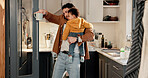 Baby, family and phone call with father in kitchen of home for advice, love or making bottle. Communication, cup and question of single parent man in apartment with infant child for feed preparation