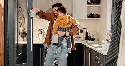 Buy stock photo Baby, family and phone call with father in kitchen of home for advice, love or making bottle. Communication, cup and question of single parent man in apartment with infant child for feed preparation