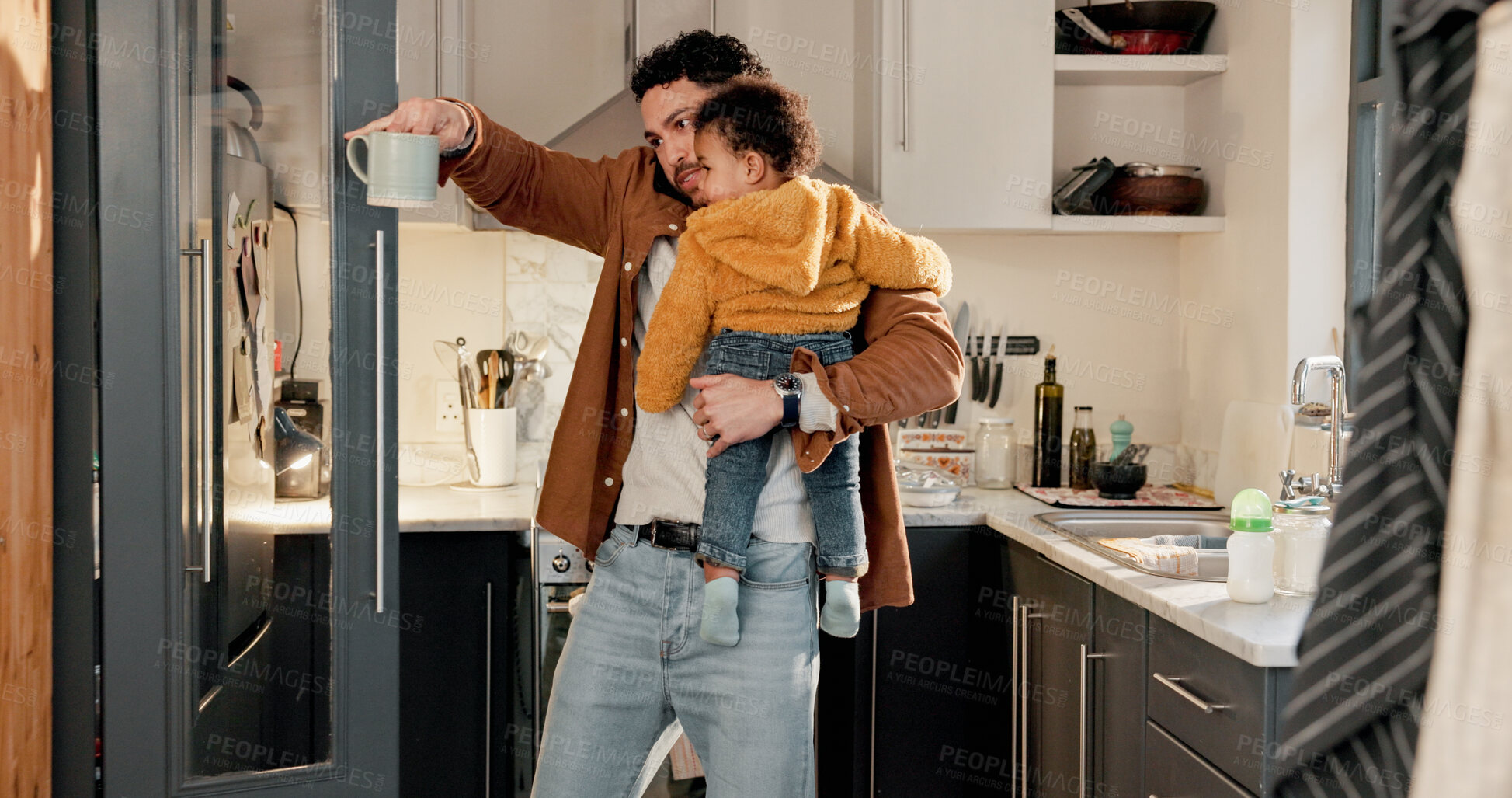 Buy stock photo Baby, family and phone call with father in kitchen of home for advice, love or making bottle. Communication, cup and question of single parent man in apartment with infant child for feed preparation