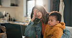 Baby, remote work and stress with mother in home for multitasking error, fail or mistake. Headache, laptop and single parent woman in apartment with infant child for small business frustration