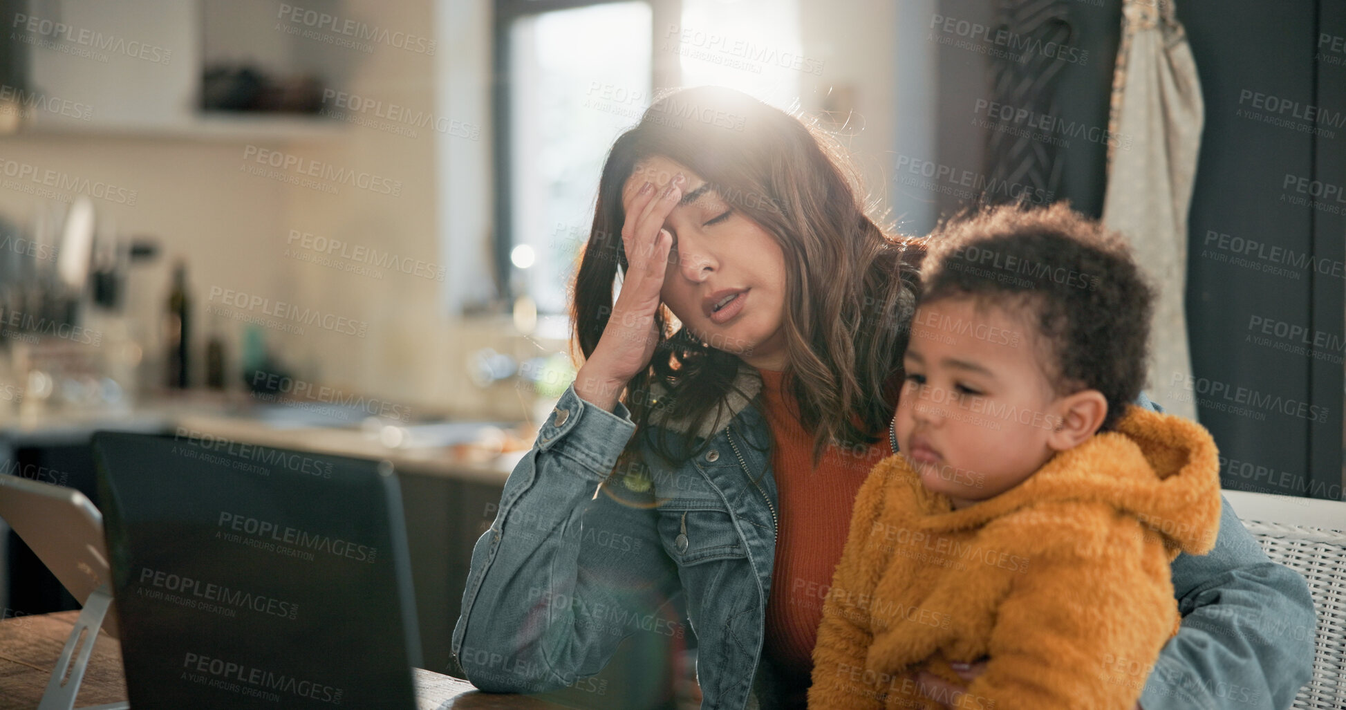 Buy stock photo Baby, remote work and stress with mother in home for multitasking error, fail or mistake. Headache, laptop and single parent woman in apartment with infant child for small business frustration